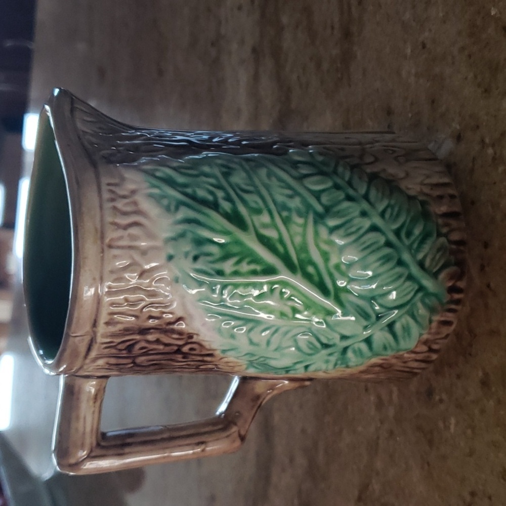 Antique Majoica Begonia Fern Leaf Rustic Tree Bark Planter Vase, Decor Pitcher